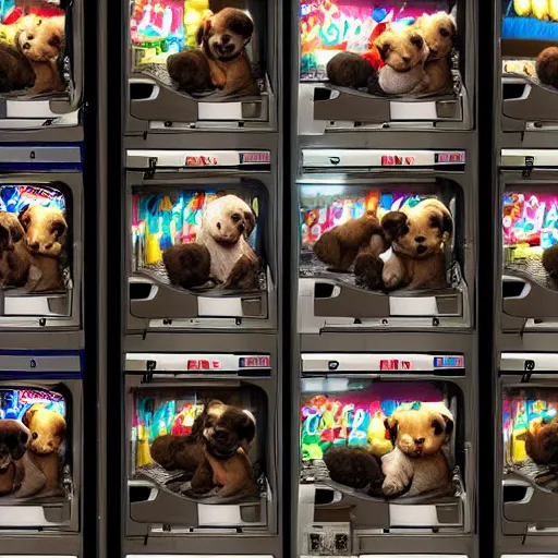 Image similar to in a dark alley at night a vending machine sells puppies only visible by the light from the vending machine.