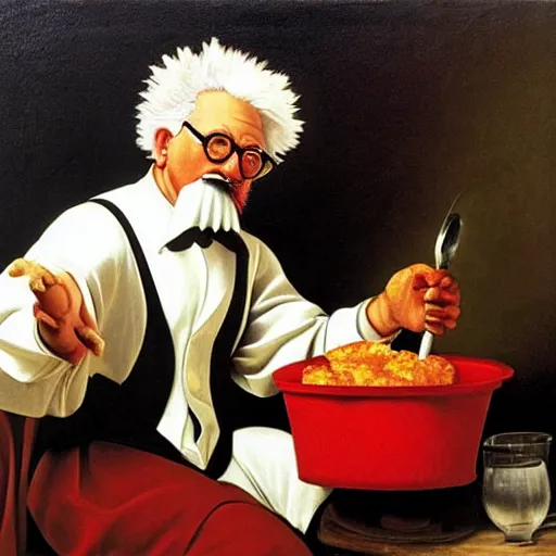 Prompt: Colonel Sanders eating fried chicken with his hands out of a red bucket. Painted by Caravaggio, high detail