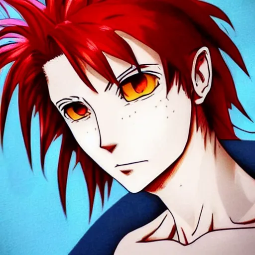 Image similar to beautiful portrait of hisoka morow, red hair, white shirt with yellow hem, realistic anime, hyper realistic