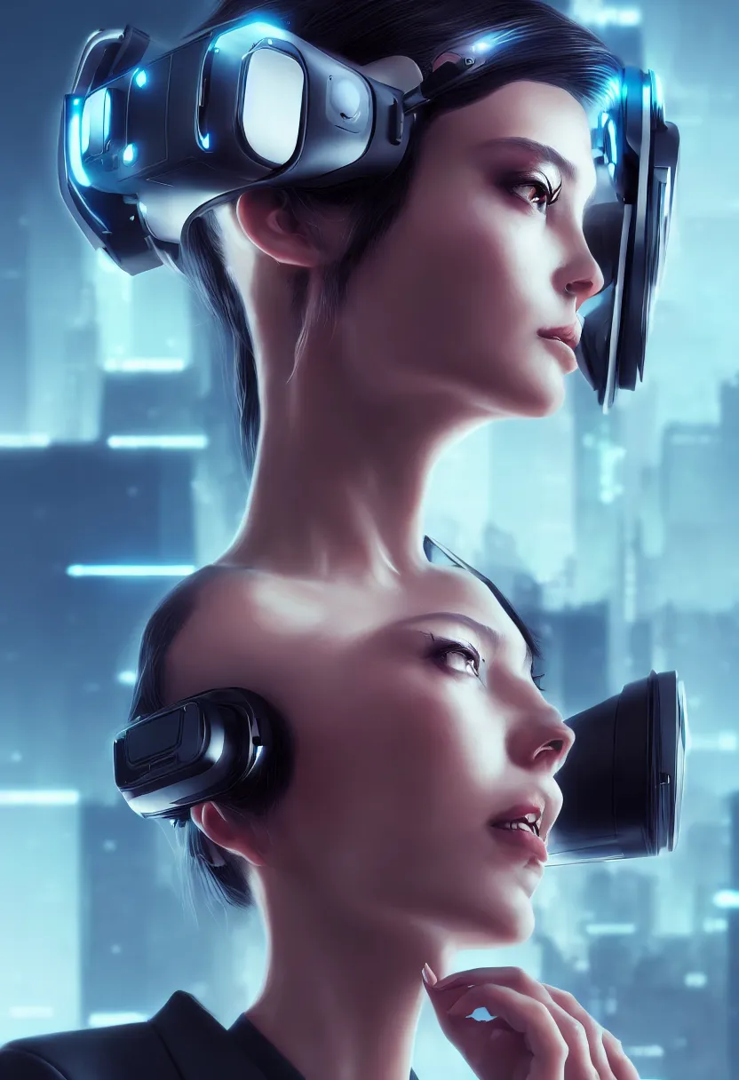 Prompt: beautiful render, futuristic businesswoman with VR headset, cyberpunk, intricate, elegant, highly detailed, digital painting, artstation, concept art, smooth, sharp focus, octane render, dramatic lighting
