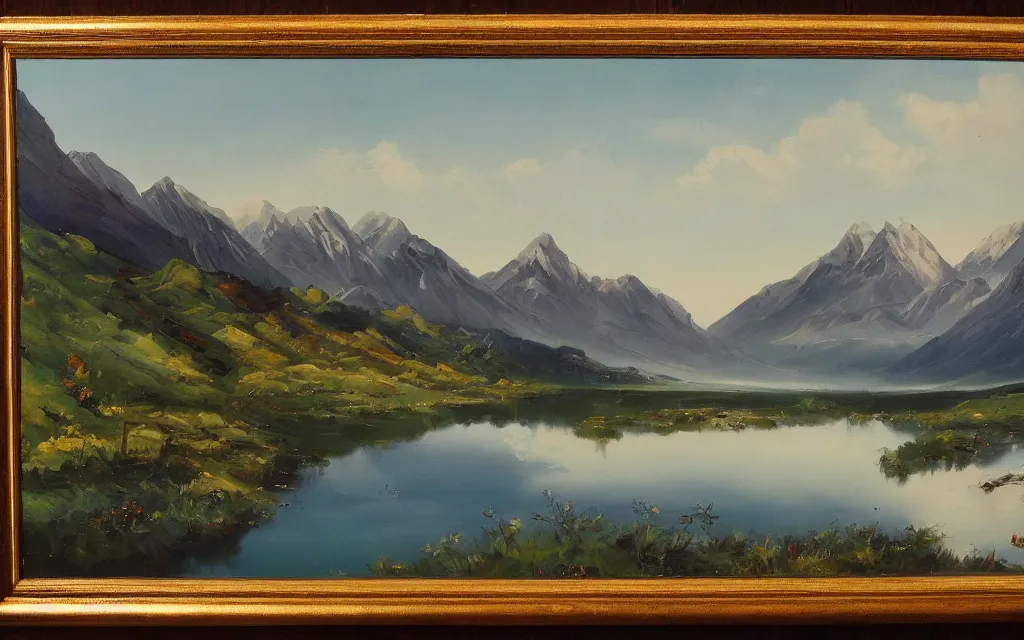 Prompt: a beautiful painting of a serene landscape with a lake in the foreground and jagged mountains in the background