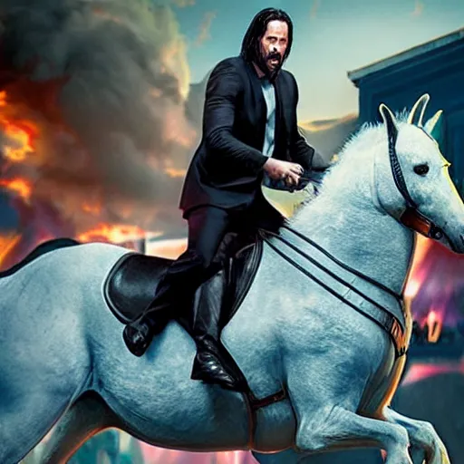 Image similar to Keanu Reaves riding a unicorn, a still shot from John Wick 2, shooting at Louigi from Mario Cart, epic fantasy style, digital art