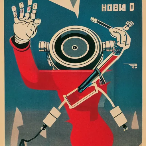 Image similar to futuristic atompunk robot dj at a techno music club, soviet propaganda poster art