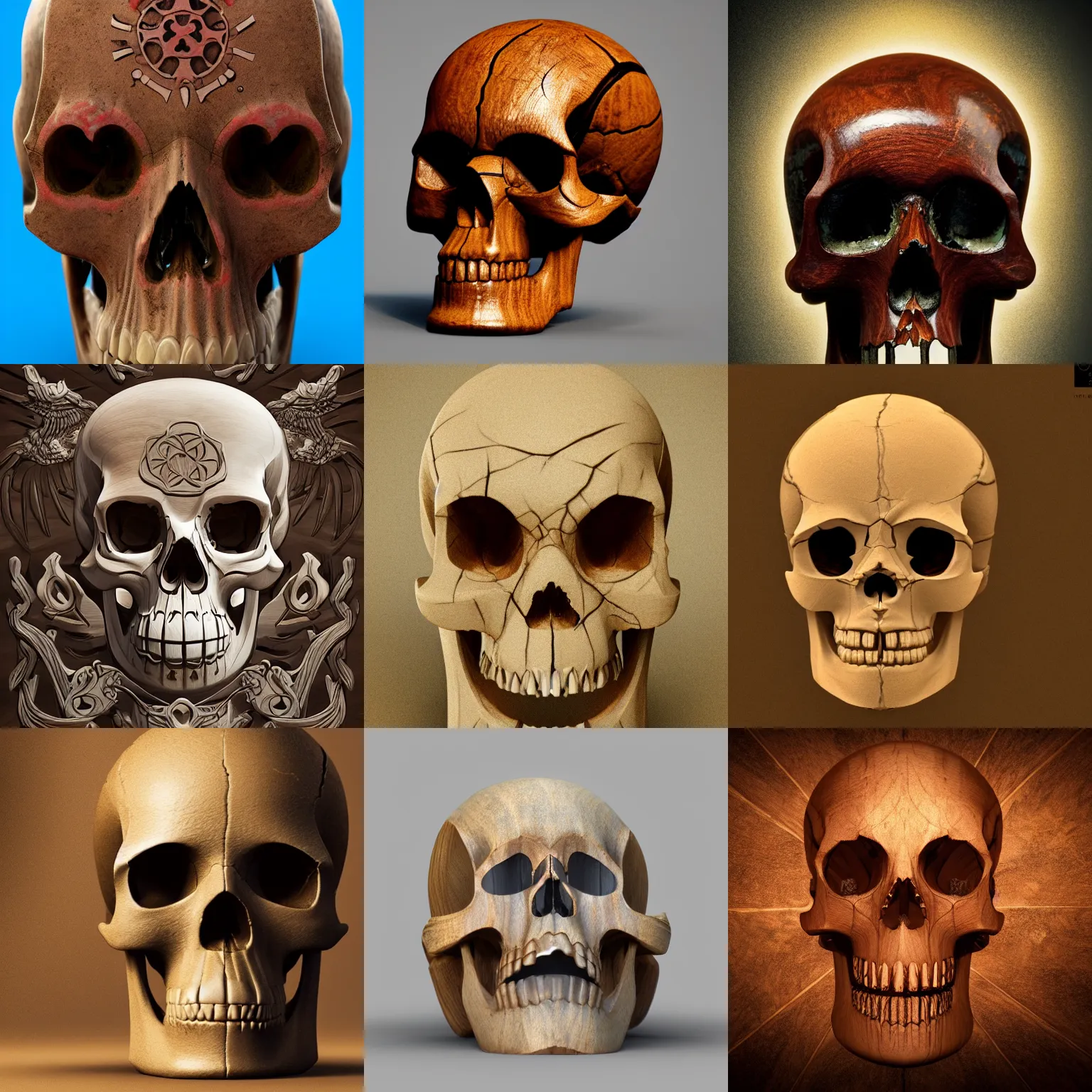 Prompt: 3D epic wooden skull emits poisonus gas, inlaid, arboreal, complex, symmetrical, deadly, elegant, 4k, artstation, blender, 16: 9