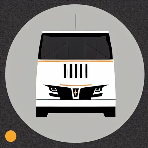 Image similar to very very very minimal vector graphic of a white and black thor chateau motorhome, color highway, mountains and sunset!!, all enclosed in a circle, white background, dramatic, professional minimal graphic design cartoon, award winning