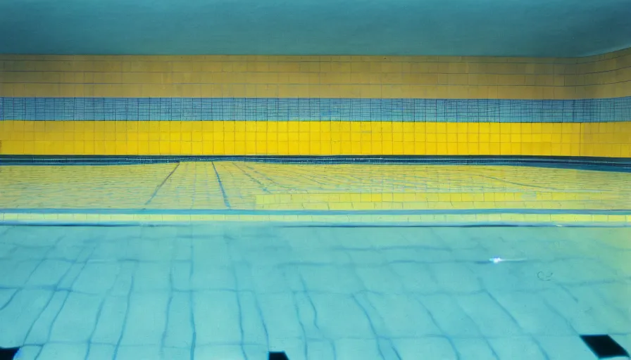 Prompt: 1 9 6 0 s movie still of an empty municipal swimmingpool with yellow tiles with light blue tiles, high quality, high detail, liminal space style