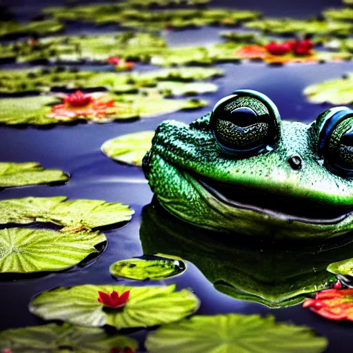 Prompt: dark clouds, close - up of a alien space frog in the pond with water lilies, shallow depth of field, highly detailed, autumn, rain, bad weather, ominous, digital art, masterpiece, matte painting, sharp focus, matte painting, by isaac levitan, asher brown durand,
