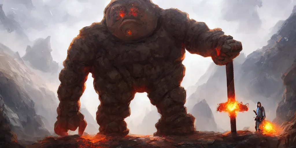 Prompt: a huge golem holding a huge hammer in the middle of a valley, wlop, concept art, digital painting, trending on artstation, highly detailed, epic composition, 8 k uhd