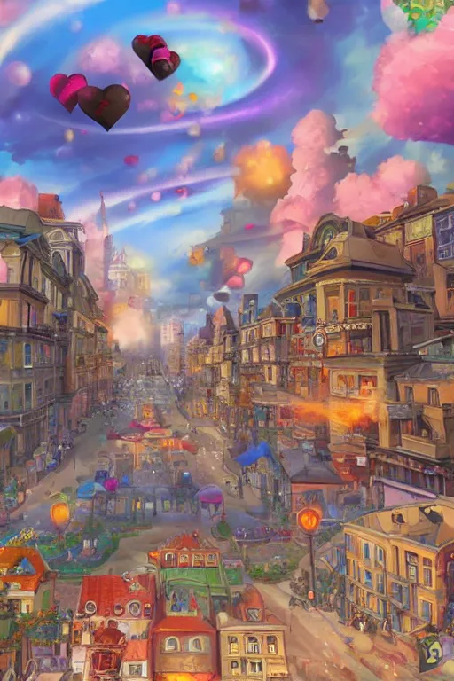 Image similar to ! dream hyperrealistic photo of a city of love, bombs are falling from the sky, medium angle, in the style of hearthstone game