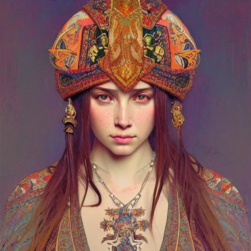 Image similar to a portrait of a female, upper half portrait, decorated with russian motifs, russian shaman, siberia, traditional russia, intricate, elegant, highly detailed, symmetry, headpiece, digital painting, artstation concept art smooth sharp focus, illustration, art by artgerm and greg rutkowski alphonse mucha 8 k