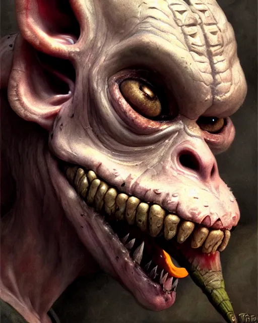 Image similar to closeup profile face portrait of a medieval goblin eating cakes in the cloisters, beautiful face, hyper realistic, highly detailed, digital painting, artstation, illustration, concept art by hyung tae, frank frazetta, bosch, giger, digital paint, matte paint, washed colors, dark, gloomy, detailed and intricate environment