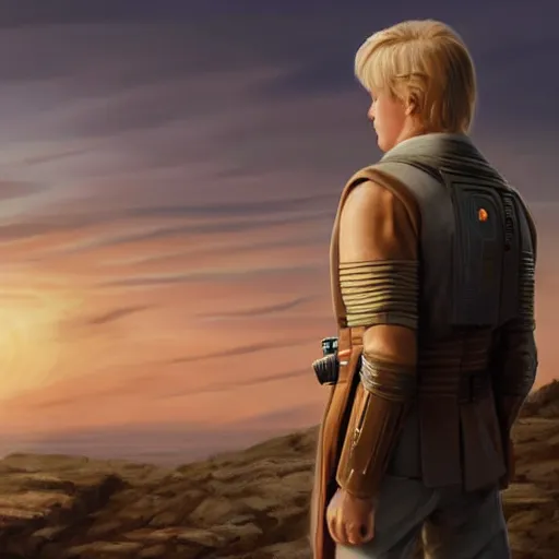 Prompt: a young blonde male jedi with short hair standing still looking at the sunset, over the shoulder shot, ots shot, third-person shot, full-length, head-to-toe, full body photography, extremely long shot, long shot, concept art by Doug Chiang cinematic, realistic painting, high definition, concept art, the Mandalorian concept art style