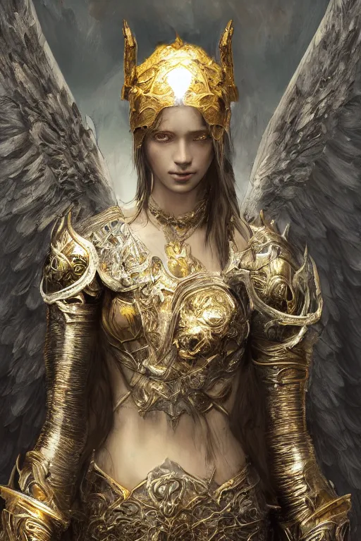 Image similar to portrait of an Angel, Dark Souls 3 themed, in style of Ruan Jia, insanely detailed and intricate, golden ratio, elegant, ornate, luxury, elite, matte painting, cinematic, cgsociety, James jean, Brian froud, ross tran, Laputa