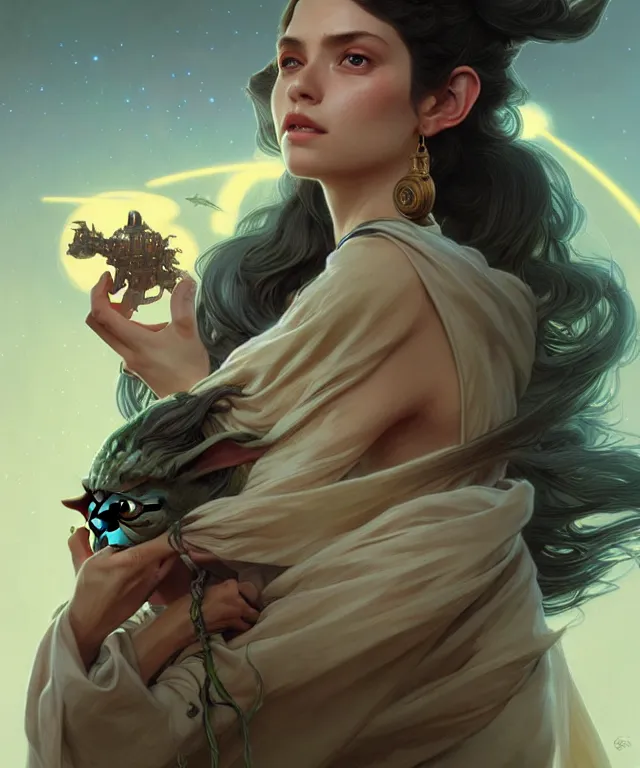 Image similar to Grogu meets yoda, sci-fi, amber eyes, face, long hair, fantasy, intricate, elegant, highly detailed, digital painting, artstation, concept art, smooth, sharp focus, illustration, art by artgerm and greg rutkowski and alphonse mucha