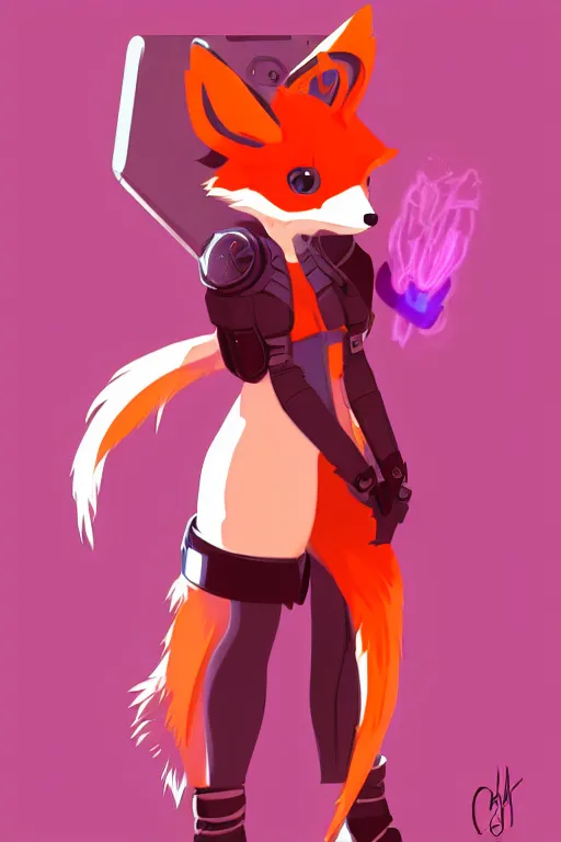 Prompt: a cute cyberpunk anthropomorphic fox with a fluffy tail, comic art, trending on furaffinity, cartoon, kawaii, backlighting, furry art!!!, cel shading, concept art, lineless