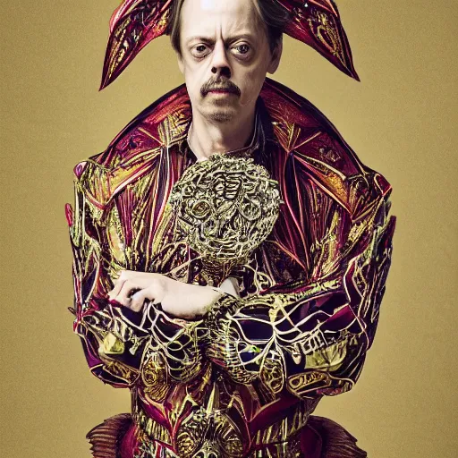 Image similar to 8 5 mm f 1. 8 photograph of steve buscemi wearing an ornate costume by iris van herpen, highly detailed, digital painting, artstation, smooth, sharp foccus, commercial photography, fashion shoot