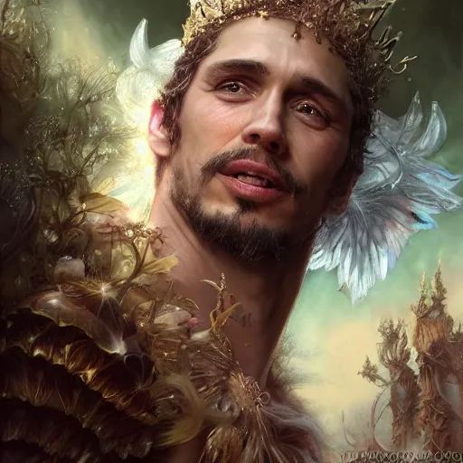 Prompt: closeup portrait shot of james franco as king oberon, fairy wings, lord of beasts, highly detailed, digital painting, artstation, concept art, soft focus, depth of field, artgerm, tomasz alen kopera, peter mohrbacher, donato giancola, wlop, boris vallejo