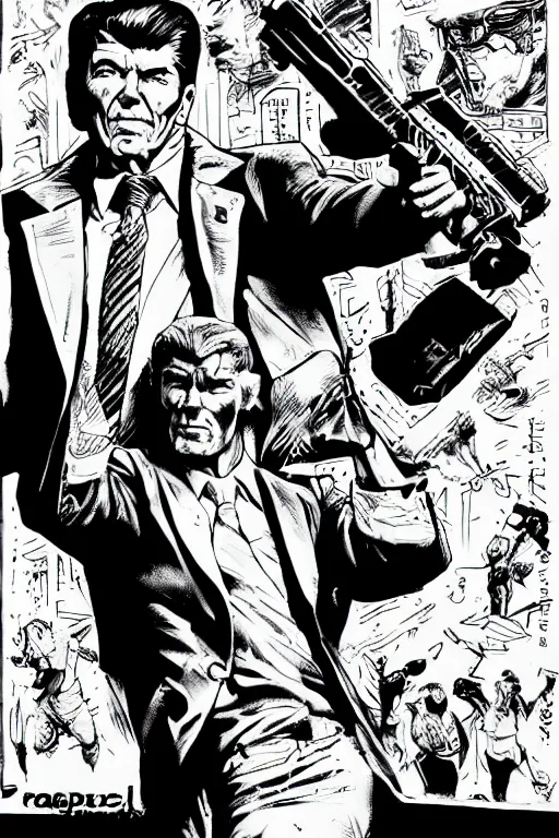 Image similar to ronald reagan holding a gun, a page from cyberpunk 2 0 2 0, style of paolo parente, style of mike jackson, adam smasher, johnny silverhand, 1 9 9 0 s comic book style, white background, ink drawing, black and white, colouring pages