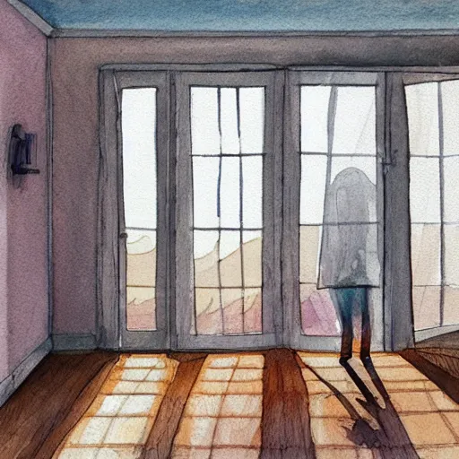 Image similar to person in pyjamas standing near window, sun rays, daylight, big french door window, big spatious room, 2 4 mm, wooden floor, modern, pastel palette, winter sun, photorealistic, high ceiling, watercolor painting