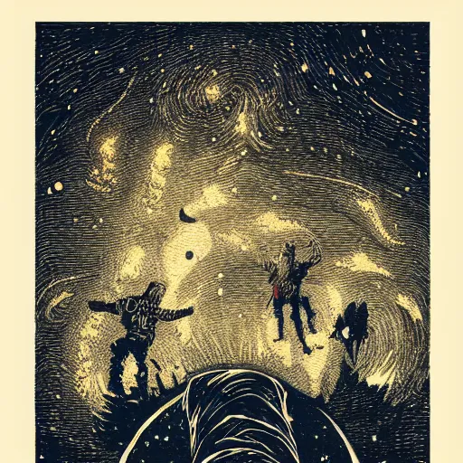 Image similar to Woodcut portrait of me falling into the stars by greg rutkowski, 4k, intricate details