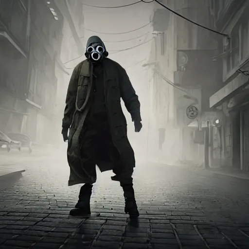 Prompt: hooden villain wearing a gas mask with smoke coming out of his body, dark background, unreal engine 5, ultra realistic, detailed, fog, by greg rutkowski