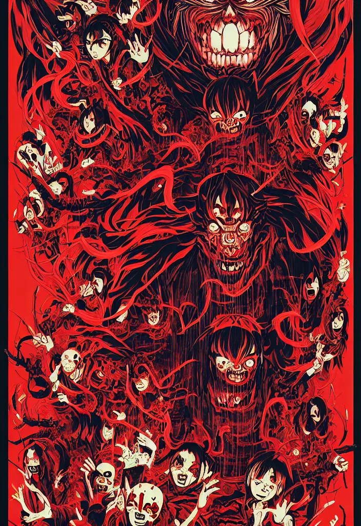 Prompt: a comic book style japanese horror poster of oni by dan mumford, yusuke murata and junji ito, blood lines, yokai, shinigami, smoke, aura, shurikens, kanji, 8k, unreal engine, trending on artstation, pixiv, intricate details, volumetric lighting