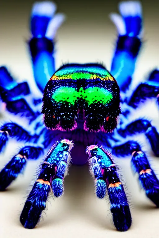 Prompt: high quality macro photo iridescent tarantula! jewelled supercute! highly detailed david ligare elson peter cinematic blue neon lighting high quality low angle hd 8k sharp shallow depth of field