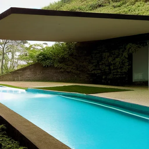 Prompt: brutalist style modern house, with a large pool, surrounded by greenery, designed by Álvaro Siza Vieira