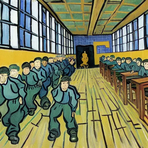 Prompt: school with prisoners van gogh style