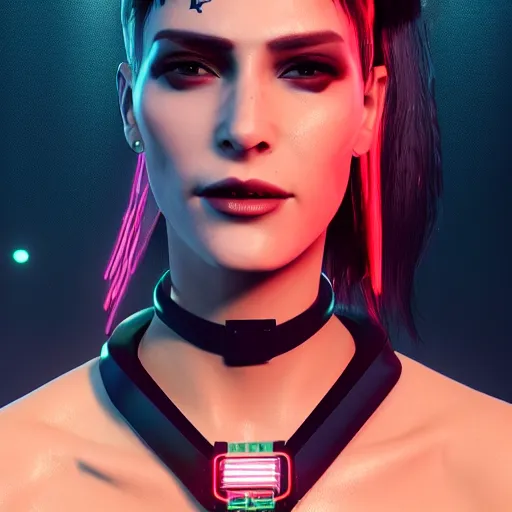 Prompt: female V from Cyberpunk 2077 wearing spiked choker, collar, choker, punk, collar, 4K, realistic, futuristic, spiked collar, artstation, wallpaper,