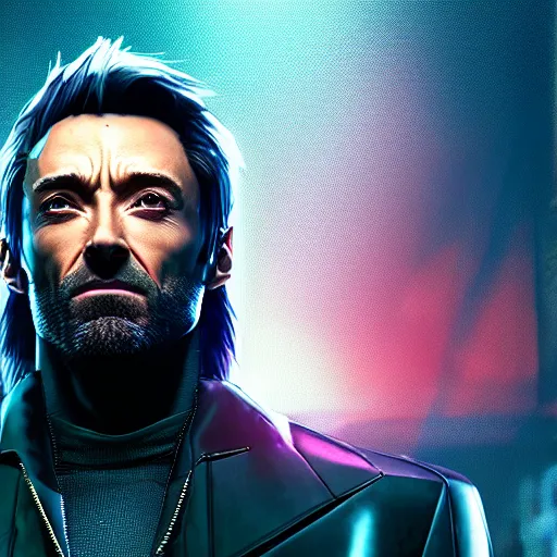 Prompt: hugh jackman portrait, cyberpunk 2 0 7 7, photorealistic, ultra detailed, neon, octane, bokeh, cinematic lighting, cyber, cyberpunk city, studio quality, feature, scars, cyberface, 8 k