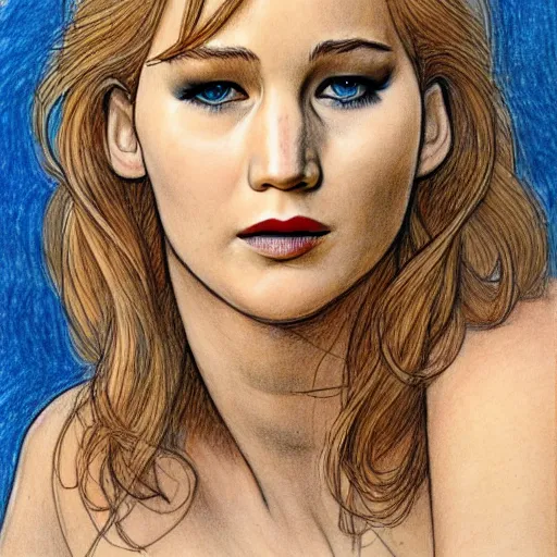 Image similar to Milo Manara drawing, woman with Jennifer Lawrence's face, detailed, 4k