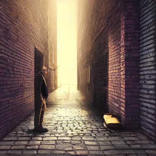 Image similar to a man finding a secret portal in an alley, highly detailed, digital art, 8k, cinematic lighting