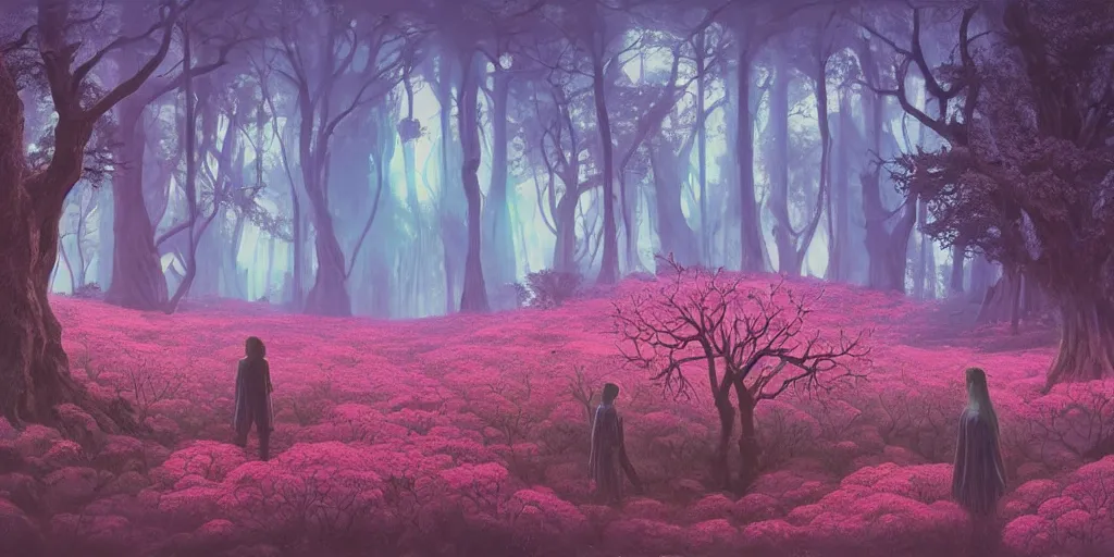 Image similar to 90s oak trees forest with big wild flowers windows, figures, soft neon lights, bright colors, cinematic, cyberpunk, smooth, chrome, lofi, nebula, calming, dramatic, fantasy, by Moebius, by zdzisław beksiński, fantasy LUT, studio ghibli, high contrast, epic composition, sci-fi, dreamlike, surreal, angelic, 8k, unreal engine, hyper realistic, fantasy concept art, XF IQ4, 150MP, 50mm, F1.4, ISO 200, 1/160s, natural light, Adobe Lightroom, photolab, Affinity Photo, PhotoDirector 365