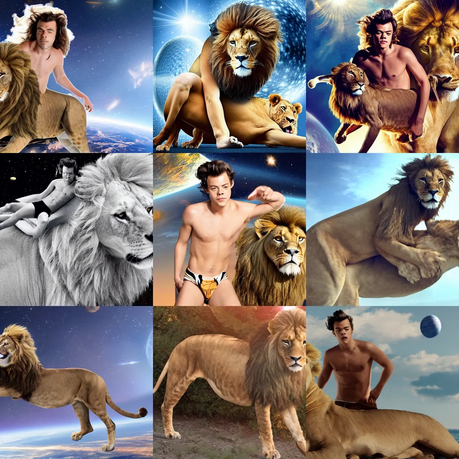 Prompt: Harry Styles shirtless riding a lion in space