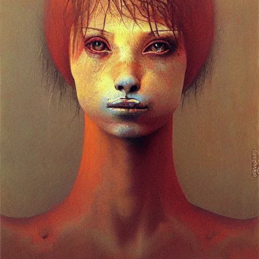 Prompt: portrait painting of ((((wolf))) girl by Beksinski