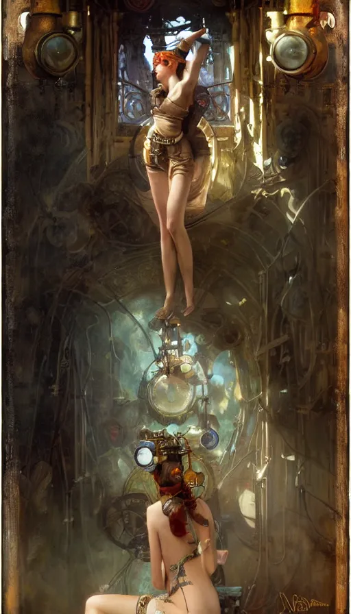 Image similar to hyper realistic photographer looking through camera, magical, steampunk, painted by norman rockwell, tom bagshaw, mucha, gaston bussiere, craig mullins, j. c. leyendecker 8 k