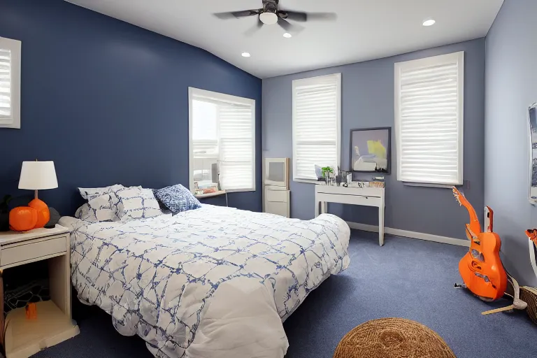 Image similar to a 10 by 11 foot room with white with a criss cross pattern in blue grey walls, white ceiling, navy blue carpet, a small bed, desk, two wooden wardrobes, a little side table in a light wood veneer, a window, desk fan, table light, and an old TV, and a ceiling fan gives off a dim orange light. Old