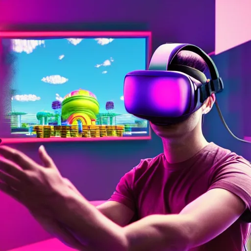 Prompt: Mario wearing a VR headset with a vaporwave background, octane render, 3D, coherent like Dall-E 2