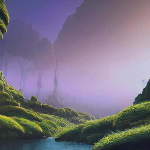 Prompt: artistic digital artwork of a lush natural scene on an alien planet. beautiful landscape by lurid ( 2 0 2 2 ). weird vegetation. cliffs and water. grainy and rough. soft interesting colour palette. beautiful light. high quality render.