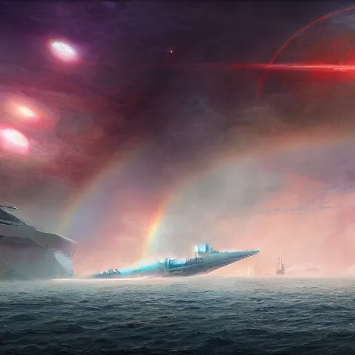 Prompt: rainbow magnificent interstellar russia, gargantuan imperial warships scorch the skies, matte painting, concept art, by Seb McKinnon, Featured on Artstation