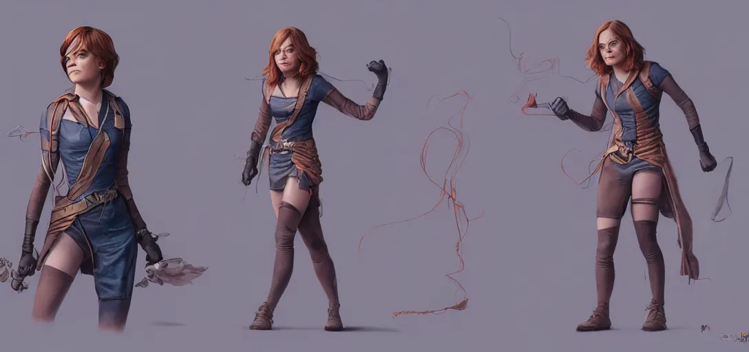 Prompt: character sheet concept art of emma stone as emma watson as a superhero, realistic, hyperrealistic, photographic, costume, wlop, dan mumford, greg rutkowski, high detail, octane render, alexander mcqueen, james gurney, james jean, mucha, photo, 8 k, intricate