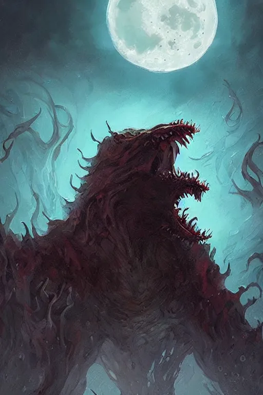 Image similar to lovecraftian monster howling at the full moon, full moon, moon, digital art, magic the gathering, mtg, by greg rutkowski, trending on artstation