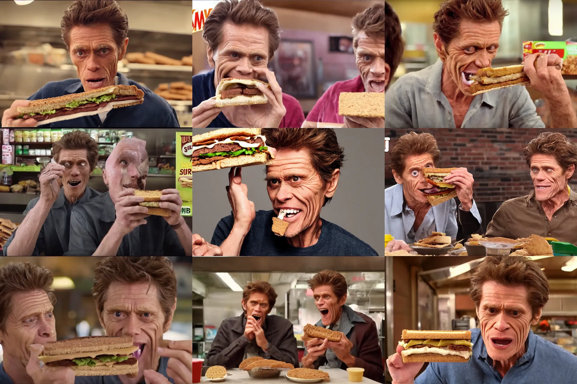 Prompt: willem dafoe eating graham cracker pastrami sandwich, subway sandwich advertisement 4 k