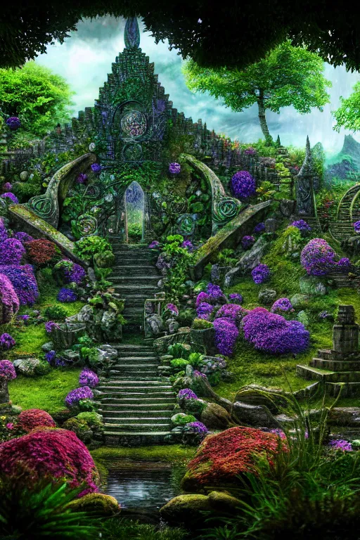 Prompt: photography of a hyper realistic lost celtic elven temple in a magical fantasy garden, mirroring water, colorful flowers, epic scale, insanely complex, hyperdetailed, sharp focus, hyper realism, artstation, cgsociety, 8 k, bright colors, by takato yamamoto, unreal engine 5