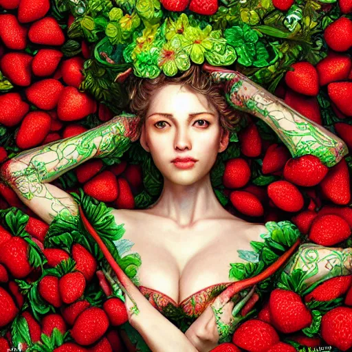 Image similar to the portrait of an absurdly beautiful, graceful, elegant, sensual woman made of strawberries and green petals, an ultrafine hyperdetailed illustration by kim jung gi, irakli nadar, intricate linework, bright colors, octopath traveler, final fantasy, unreal engine 5 highly rendered, global illumination, radiant light, detailed and intricate environment