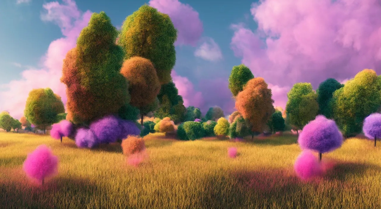 Prompt: Colorful fluffy trees in a meadow and cotton candy clouds, octane render, volumetric lighting, 4K