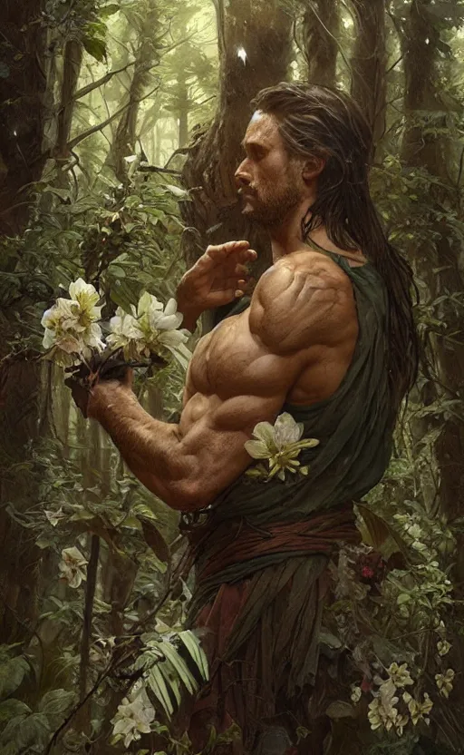 Image similar to god of the forest, 3 0 years old, rugged, handsome, male, detailed face, clean lines, atmospheric lighting, amazing, full body, flowers, muscular, intricate, highly detailed, digital painting, artstation, concept art, sharp focus, illustration, art by greg rutkowski and alphonse mucha