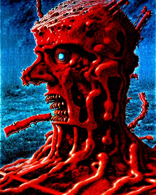 Image similar to bleeding gundam made of meat drawn by beksinski, high definition, lovecraftian