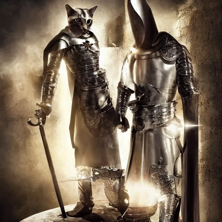 Image similar to an amazing award winning photo of a cat as knight templar protecting the holy grail, very detailed and sharp, 4k hdr, cinematic masterpiece